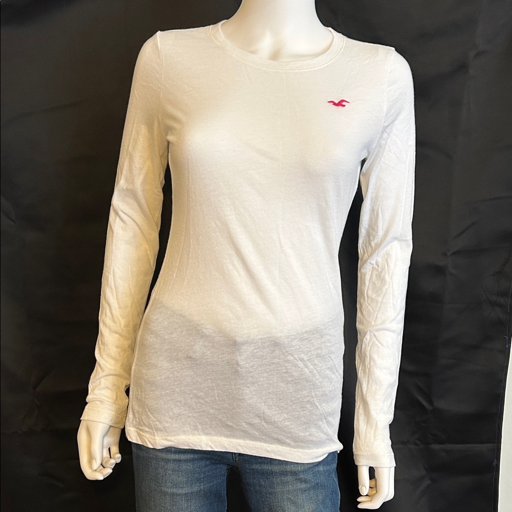 Hollister Women's White Long Sleeve Top with Pink Logo